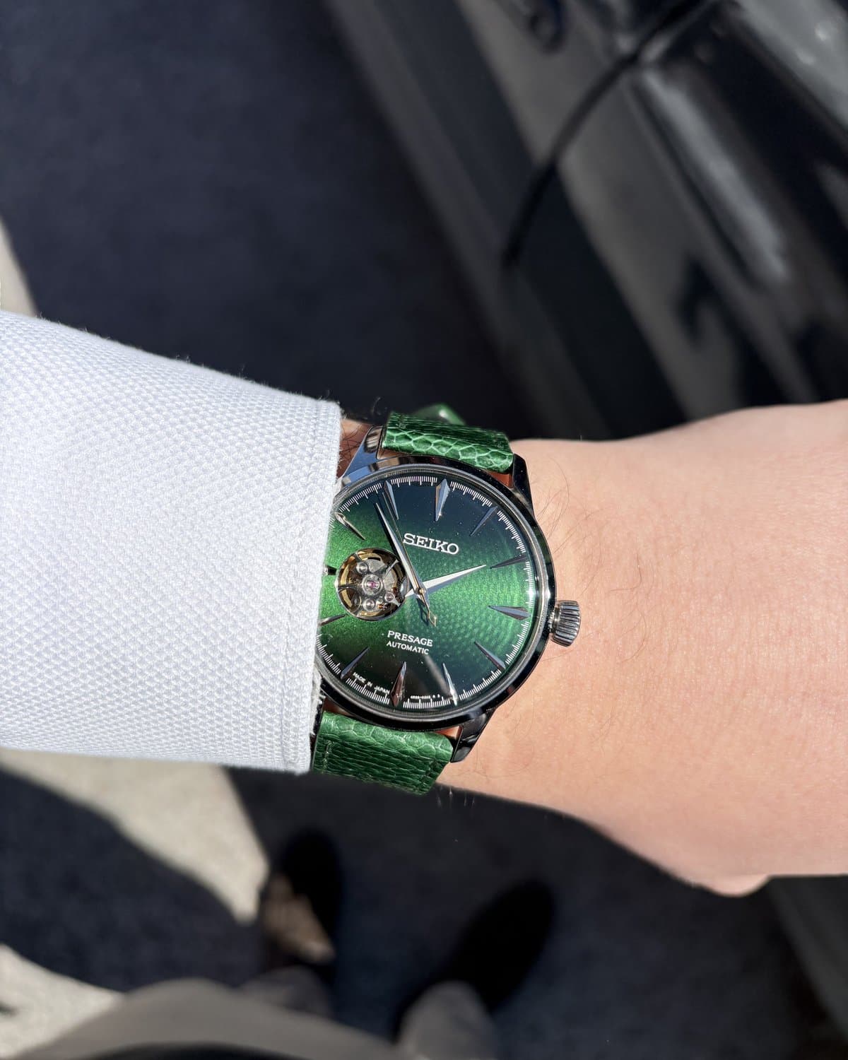 Seiko Presage with green dial, atmospheric outdoor shot